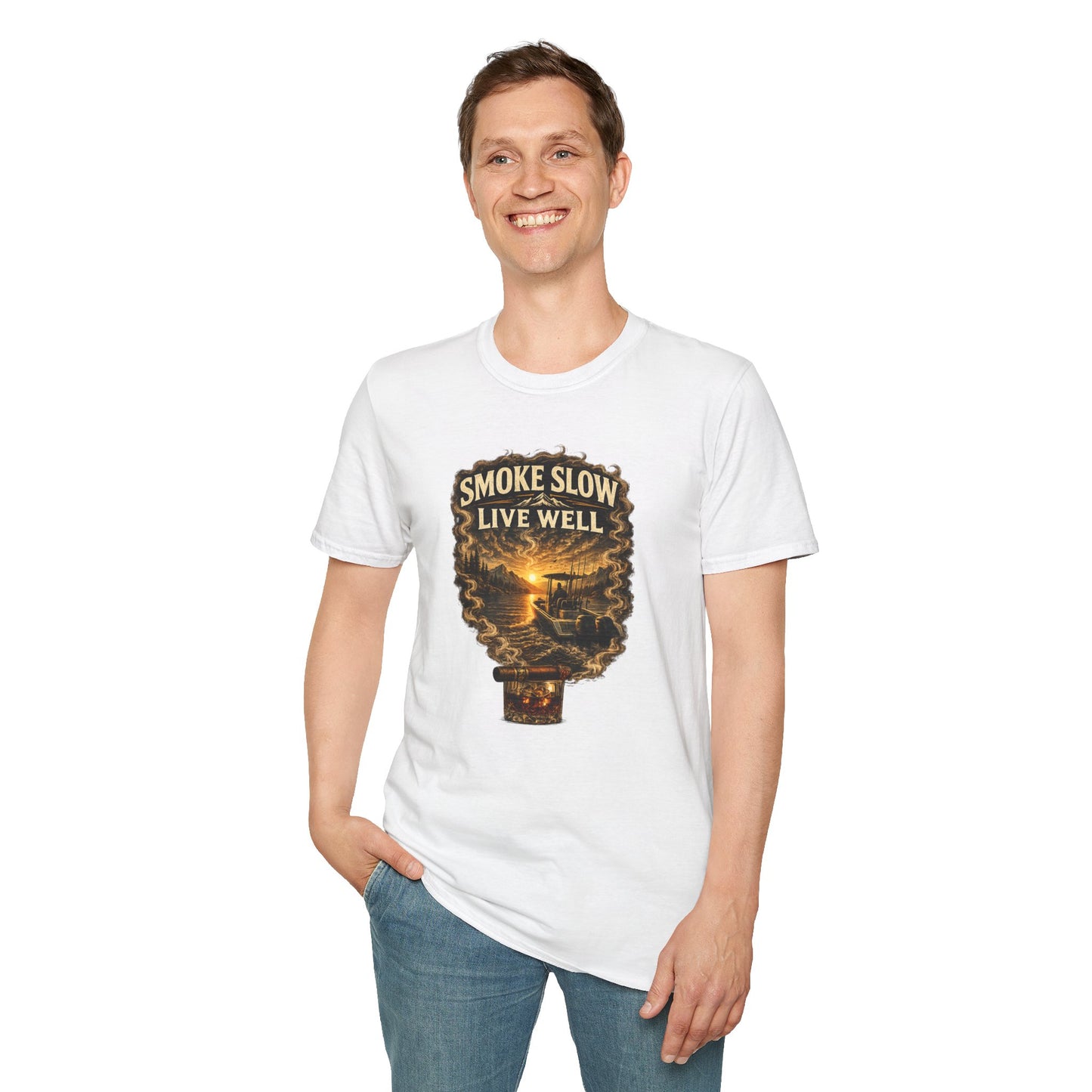 Smoke Slow Live Well Cigar T-Shirt – Whiskey & Outdoor Boating Lifestyle Cigar Tee