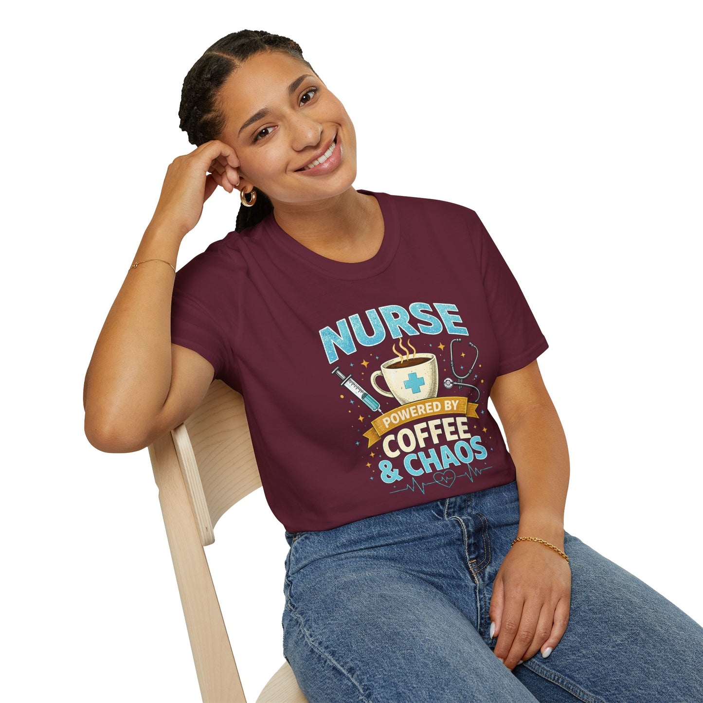 Nurse Powered by Coffee & Chaos Shirt, Funny Nurse Tee, RN CNA Gift, Nurse Life Graphic T-Shirt, Medical Worker Gift, Cute Nursing Shirt for Women Men