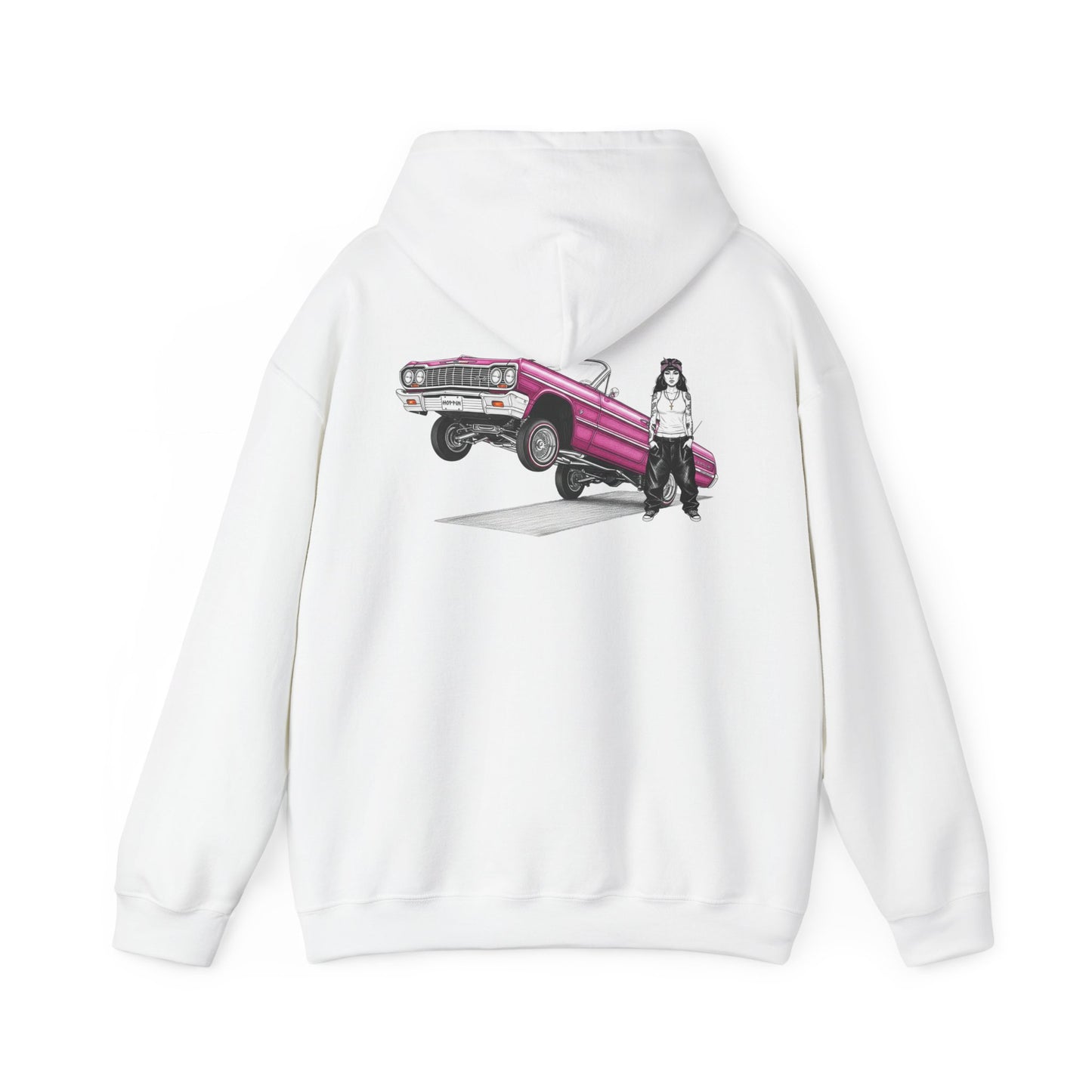 1964 Chevy Impala Hydraulics Lowrider Ink Drawing Hoodie - Old School Hip Hop Cholo Art Design - Chicano Car Club Graphic Hoodie