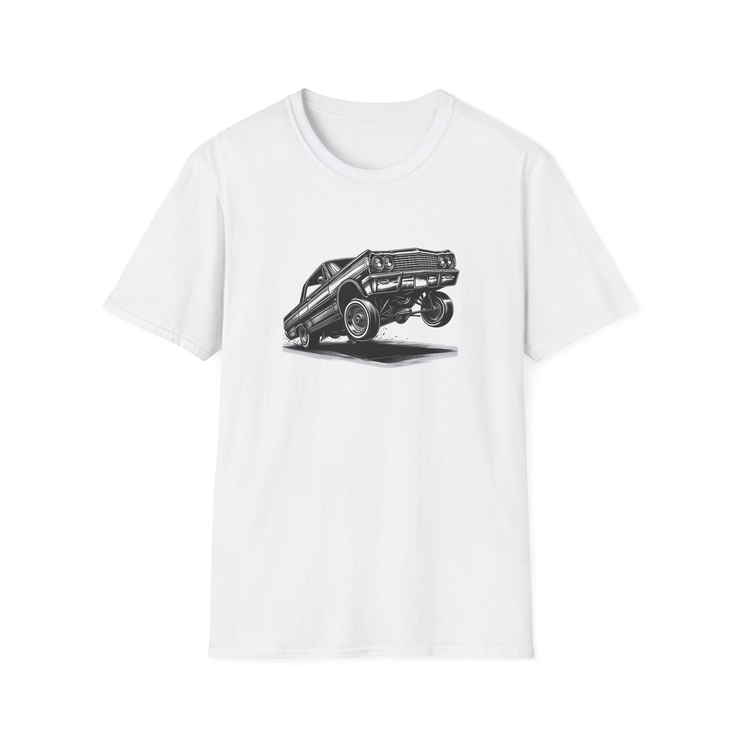 1964 Chevy Impala Hydraulics Lowrider Ink Drawing Graphic T-Shirt - Old School Hip Hop Cholo Art Design - Chicano Car Club Graphic Tee