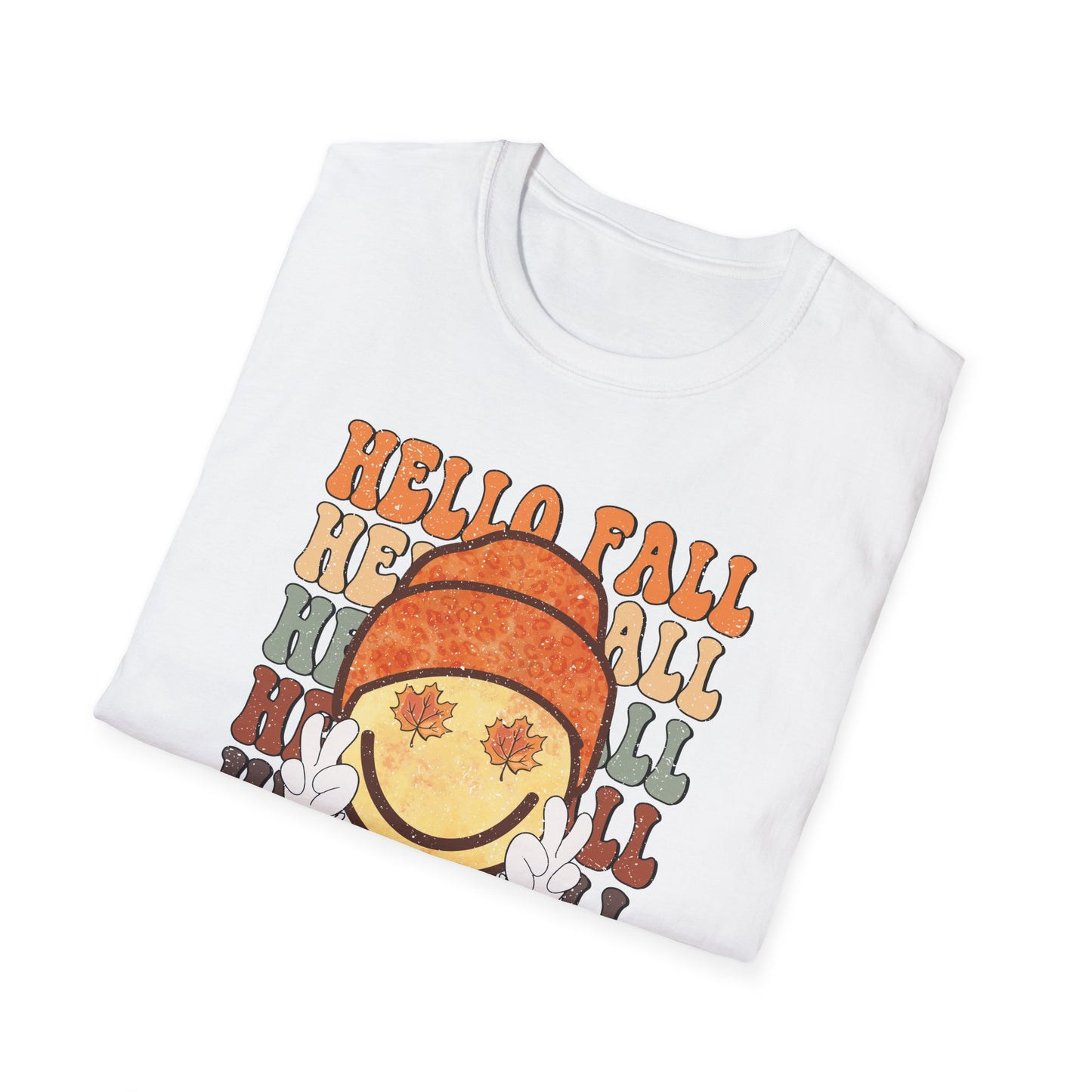 Hello Fall Happy Face Peace T-Shirt, Autumn Graphic Tee, Relaxing Casual Top, Seasonal Clothing, Thanksgiving Tee, Friendsgiving gift