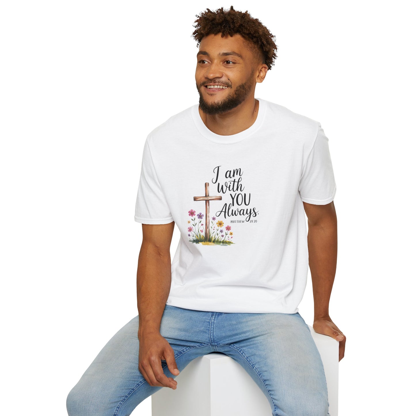 I Am With You Always Christian T-Shirt – Matthew 28:20 Scripture Tee with Cross and Flowers, Faith Inspirational Shirt