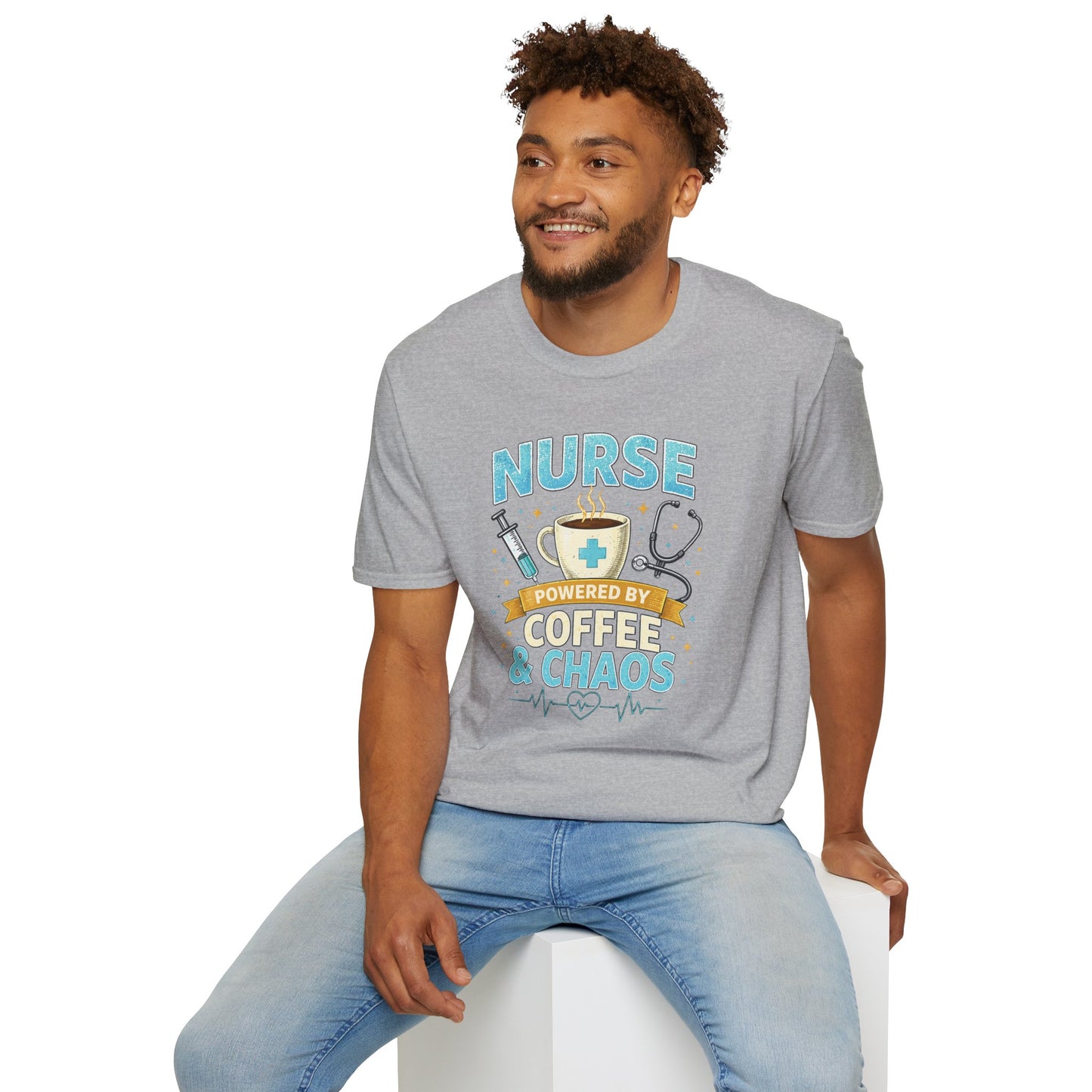 Nurse Powered by Coffee & Chaos Shirt, Funny Nurse Tee, RN CNA Gift, Nurse Life Graphic T-Shirt, Medical Worker Gift, Cute Nursing Shirt for Women Men
