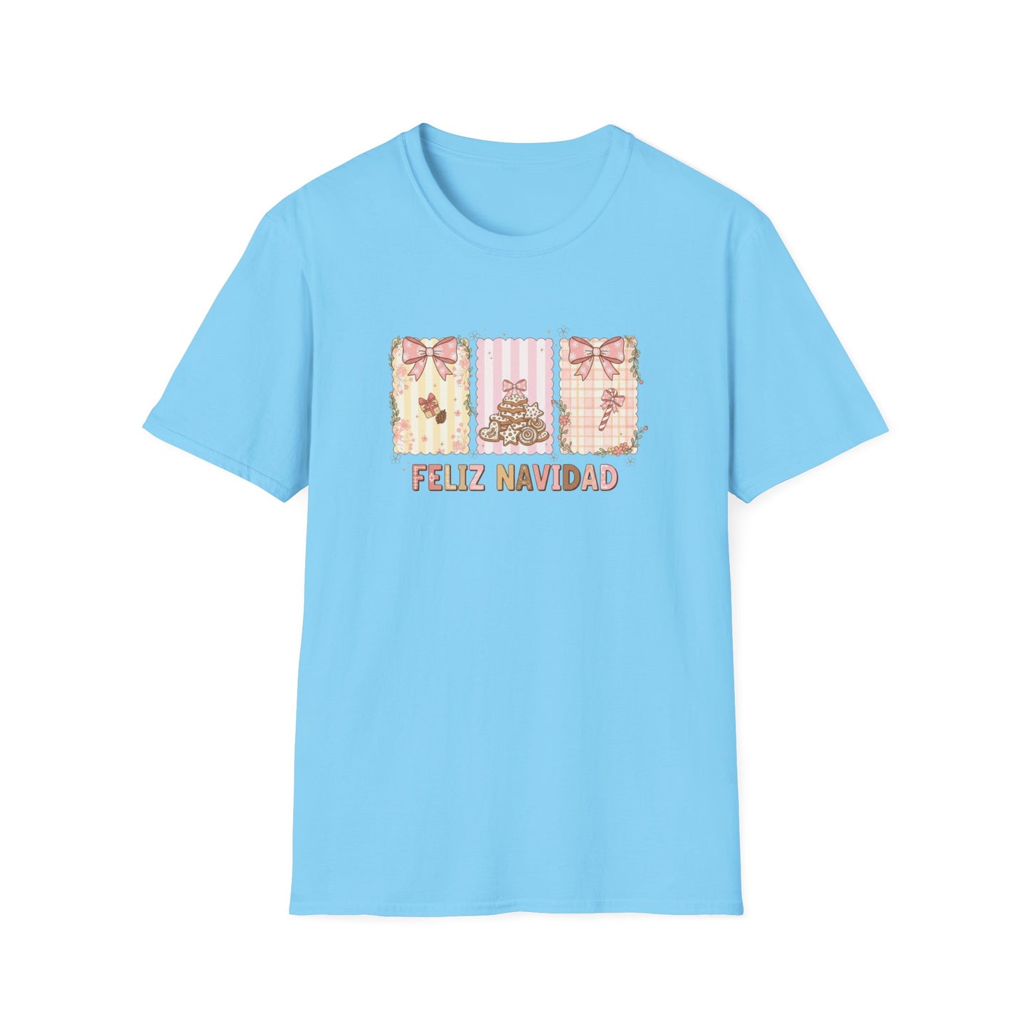 Feliz Navidad Christmas T-Shirt – Cute Pastel Holiday Tee with Bows & Gingerbread Design, Festive Spanish Christmas Shirt