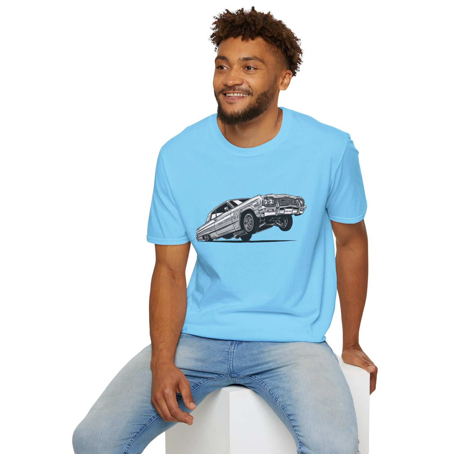 1964 Chevy Impala Hydraulics Lowrider Ink Drawing T-Shirt - Old School Hip Hop Cholo Art Tee Design - Chicano Car Club Graphic Tee