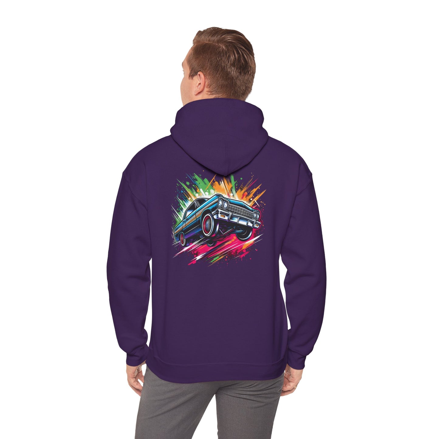 Chevy Impala Hydraulics Lowrider Colorful Drawing Graphic Hoodie - Old School Hip Hop Cholo Art Design - Chicano Car Club Graphic Hoodie