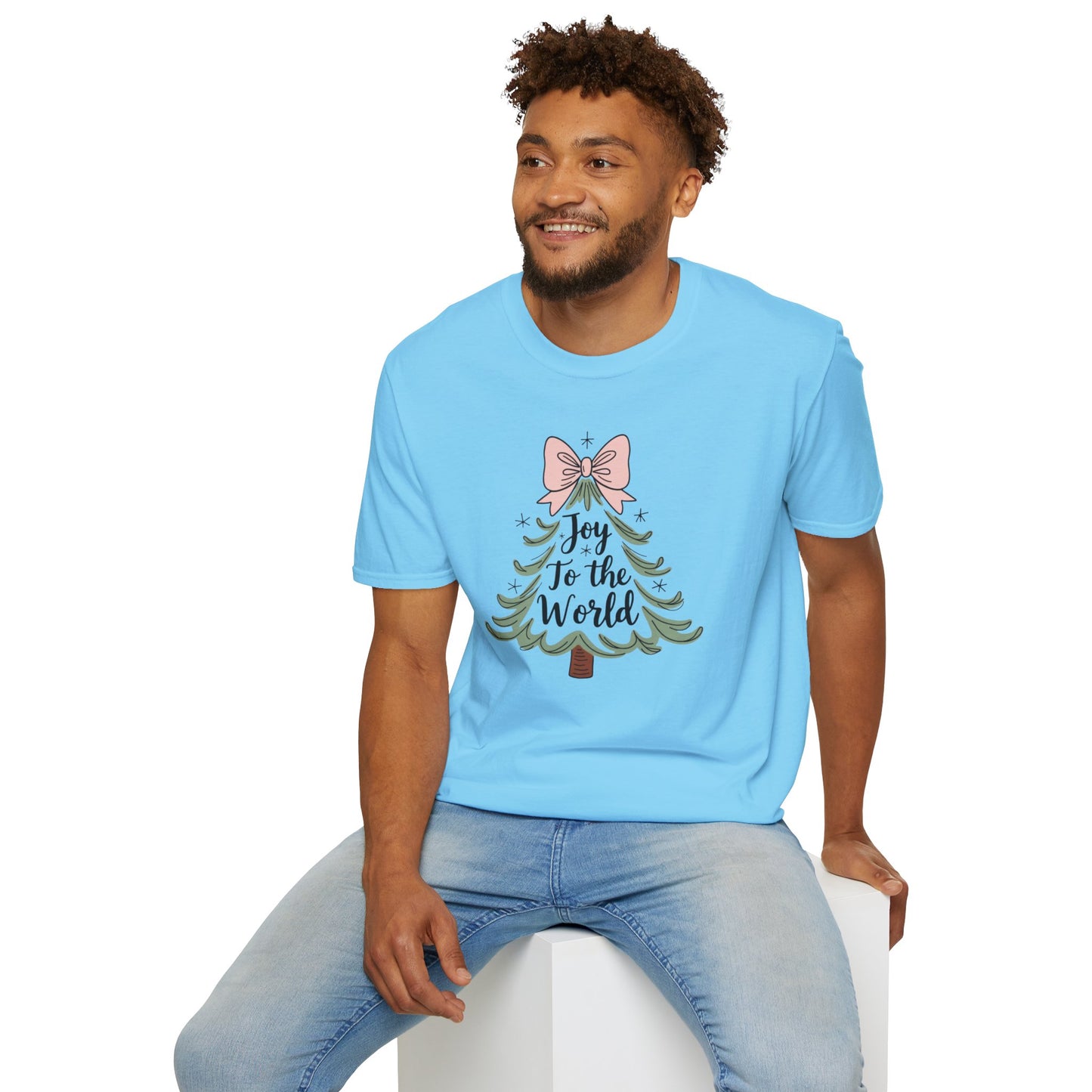 Joy to the World Christmas T-Shirt – Cute Pastel Bow Christmas Tree Tee, Festive Holiday Graphic Shirt for Women