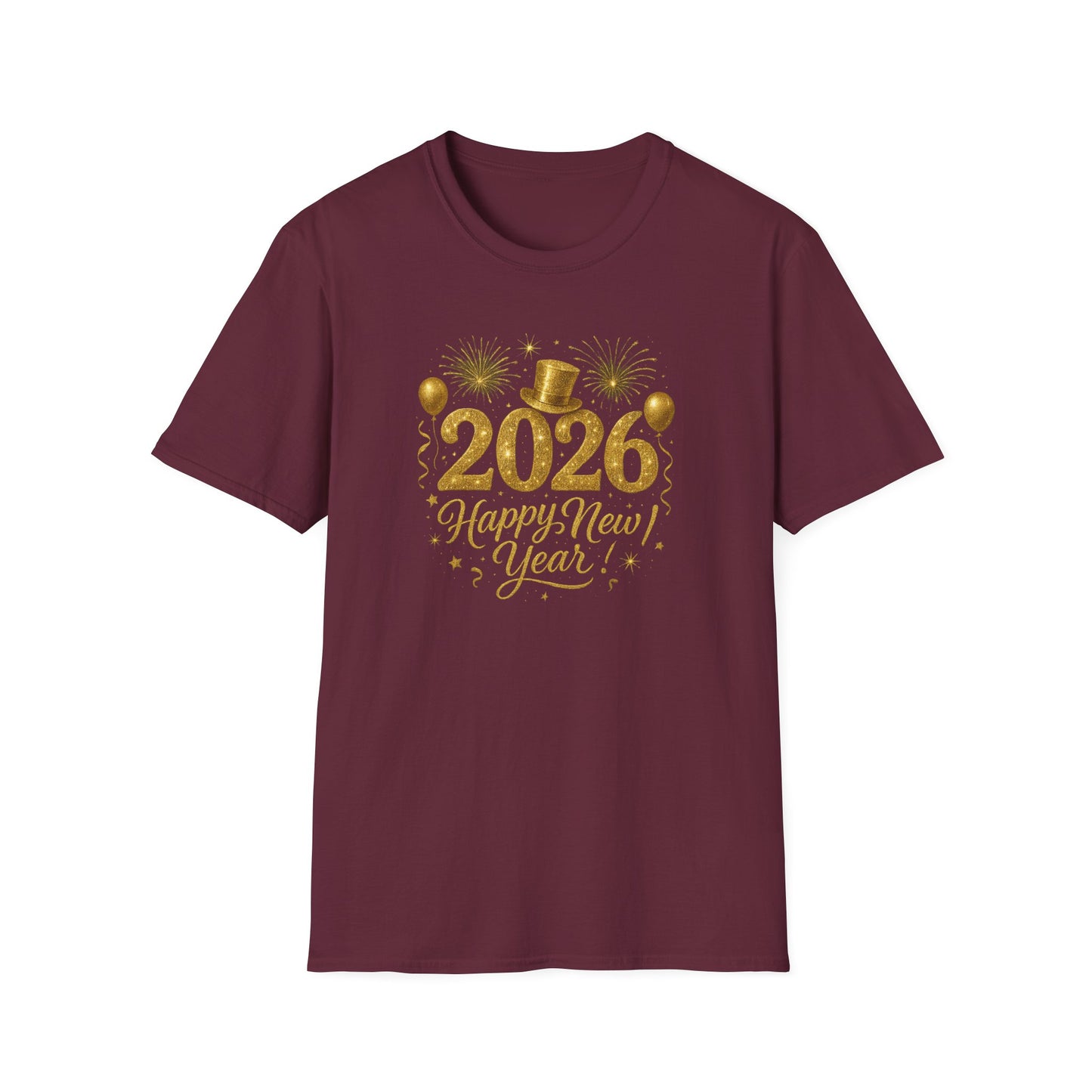 Happy New Year 2026 Gold Glitter T-Shirt – Sparkly New Year’s Eve Party Shirt, Festive 2026 NYE Tee with Fireworks & Balloons, Holiday Celebration Top