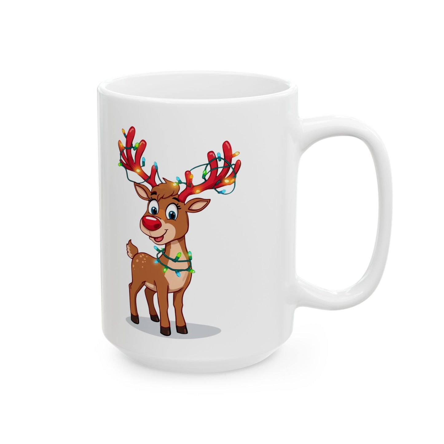 Reindeer Christmas Lights Mug – Cute Holiday Coffee Cup, Festive Reindeer Ceramic Mug, Christmas Gift Idea (11oz/15oz)