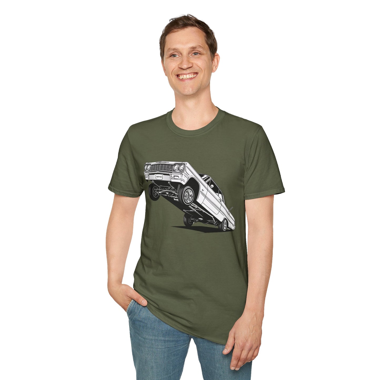 1964 Chevy Impala Hydraulics Lowrider Ink Drawing T-Shirt - Old School Hip Hop Cholo Art Tee Design - Chicano Car Club Graphic Tee