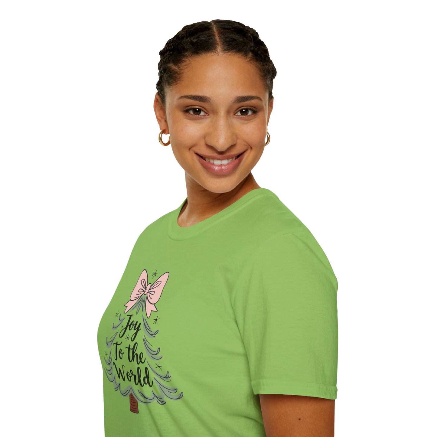 Joy to the World Christmas T-Shirt – Cute Pastel Bow Christmas Tree Tee, Festive Holiday Graphic Shirt for Women