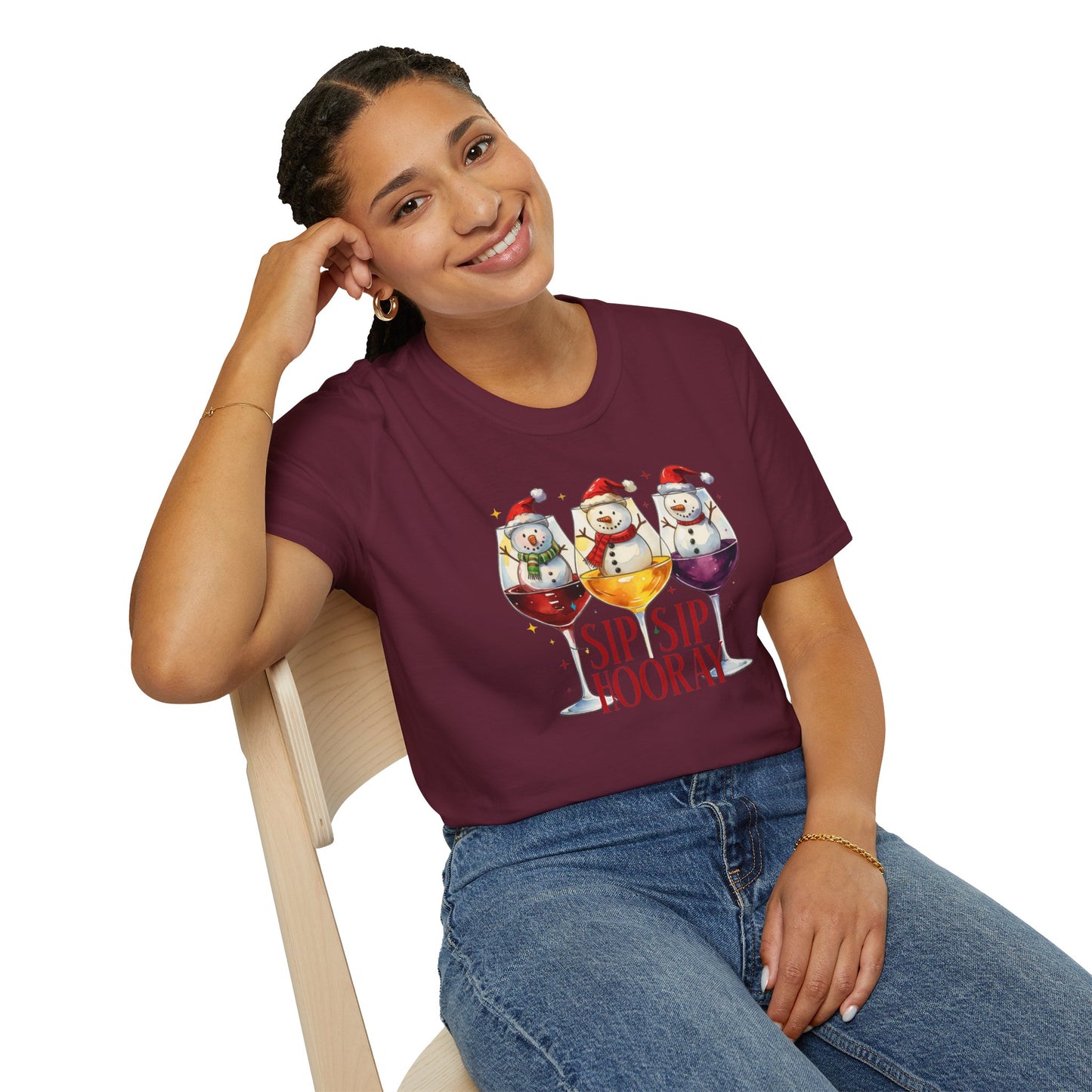 Sip Sip Hooray Christmas T-Shirt – Cute Snowman Wine Glass Holiday Tee, Funny Festive Drinking Shirt