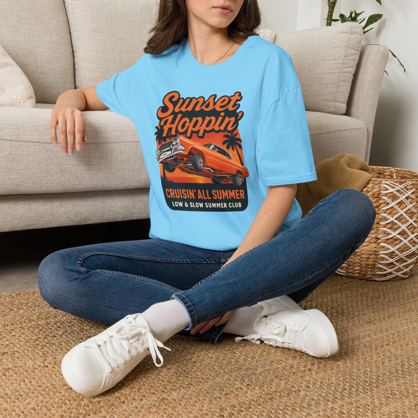 Lowrider Summer Shirt, Sunset Hoppin Tee, Cruisin All Summer Graphic Shirt, Low and Slow Car Tee, Unisex Car Lover Gift
