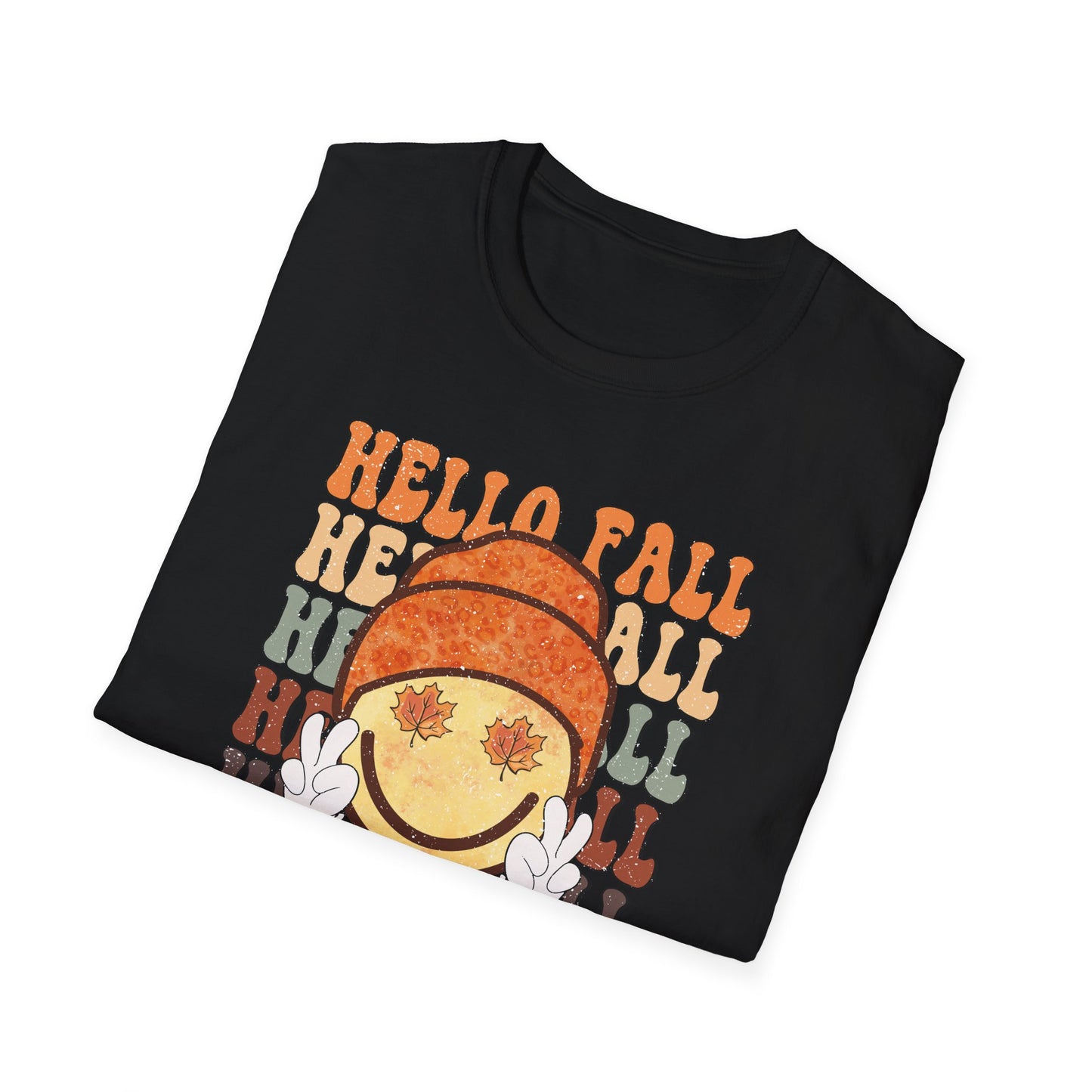 Hello Fall Happy Face Peace T-Shirt, Autumn Graphic Tee, Relaxing Casual Top, Seasonal Clothing, Thanksgiving Tee, Friendsgiving gift