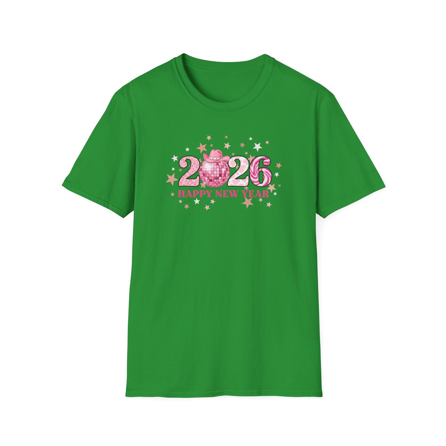 Happy New Year 2026 Pink Disco Cowgirl T-Shirt – Western New Year Shirt, Cute Pink 2026 Tee with Cowboy Hat & Stars, NYE Party Graphic Top
