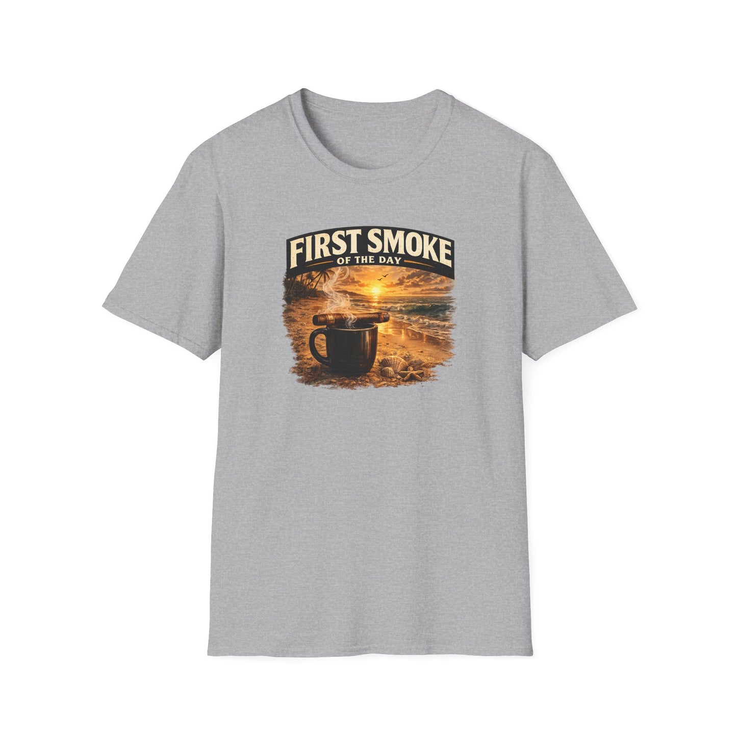 First Smoke of the Day T-Shirt – Cigar & Coffee Beach Sunrise Tee