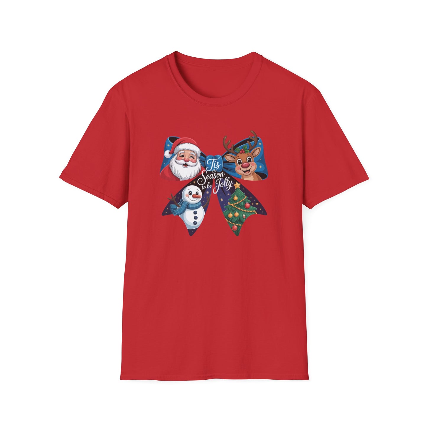 ’Tis the Season to Be Jolly Christmas T-Shirt – Cute Santa Reindeer Snowman & Christmas Tree Bow Holiday Tee