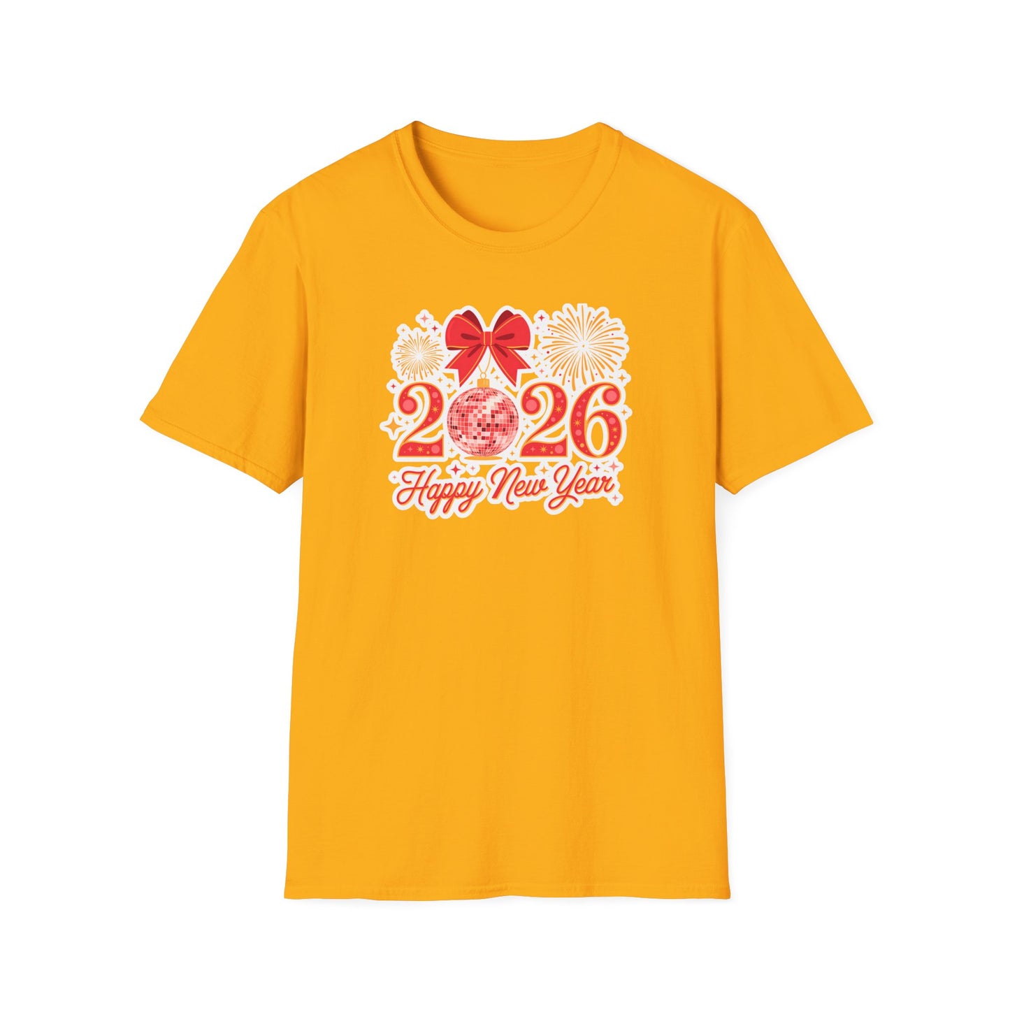 Happy New Year 2026 T-Shirt – Red & Gold Disco Ball New Year Shirt, Festive Bow and Fireworks 2026 NYE Tee, Holiday Celebration Party Top