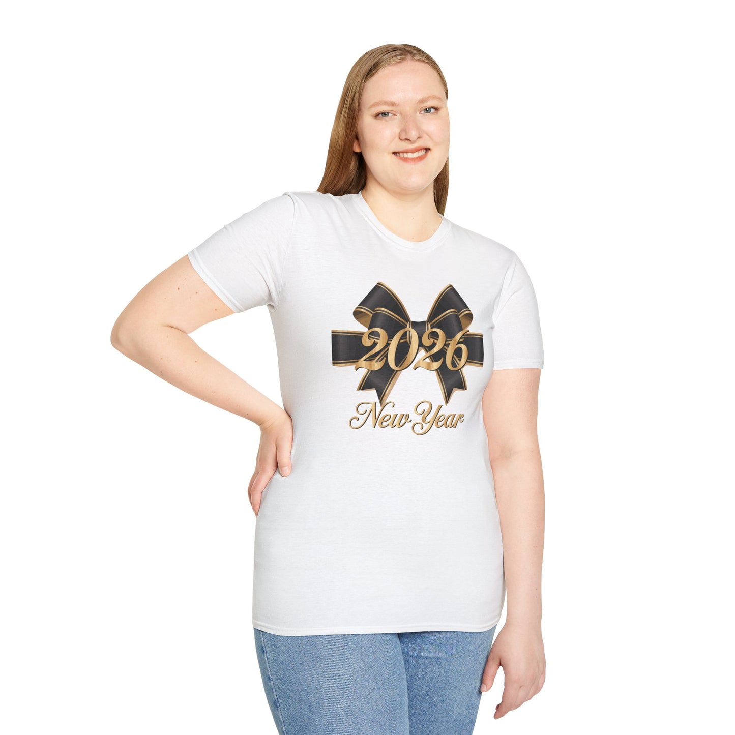 Happy New Year 2026 T-Shirt – Elegant Black and Gold Bow New Year Shirt, Classy 2026 NYE Celebration Tee, Luxury New Year’s Eve Party Top