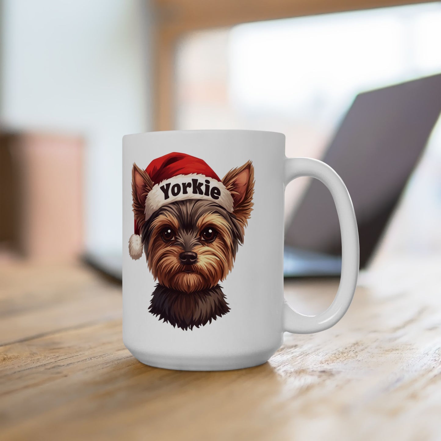 Yorkie Holiday Portrait Mug – Cute Holiday Coffee Cup, Festive Yorkie Ceramic Mug, Christmas Gift Idea (11oz/15oz)