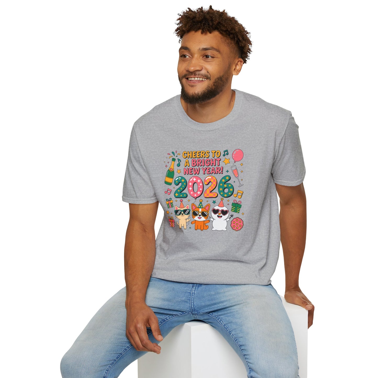 Happy New Year 2026 T-Shirt – Cute Cartoon Cats New Year Shirt, Bright Colorful NYE Party Tee, Fun 2026 Celebration Top for Cat Lovers