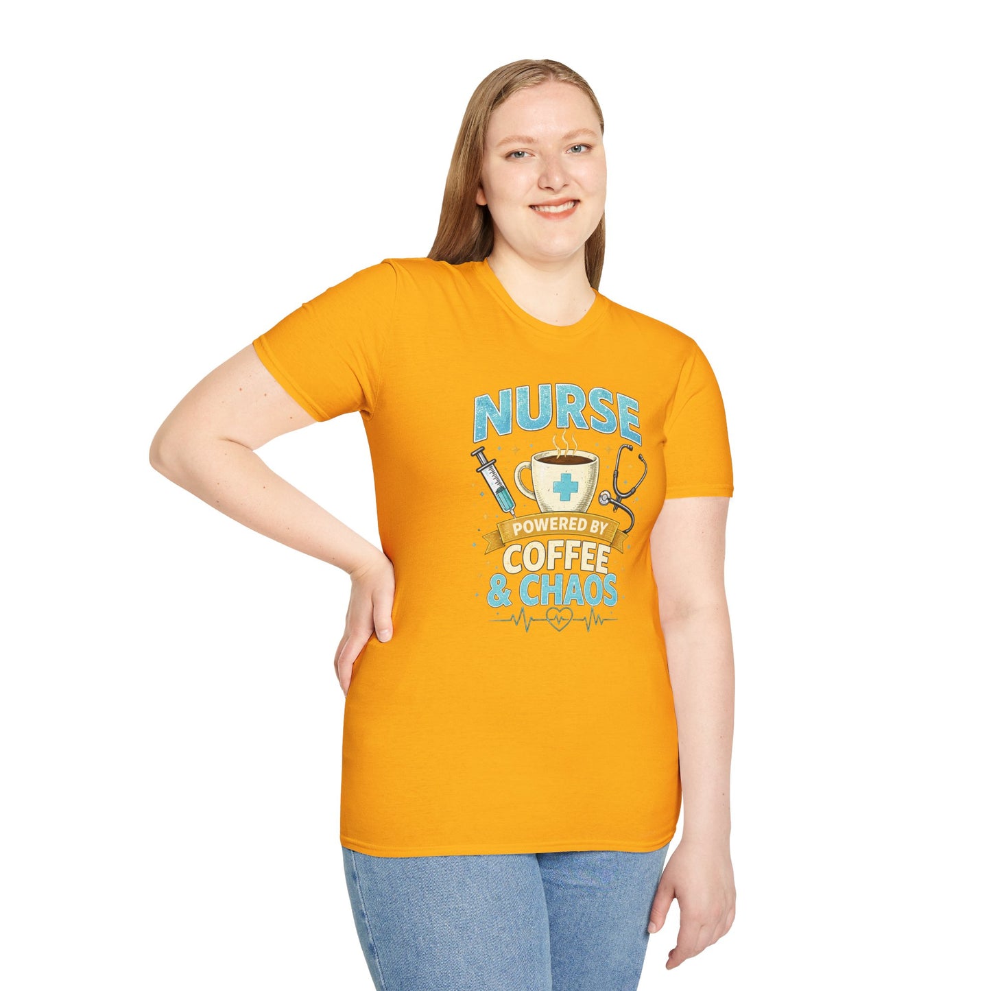 Nurse Powered by Coffee & Chaos Shirt, Funny Nurse Tee, RN CNA Gift, Nurse Life Graphic T-Shirt, Medical Worker Gift, Cute Nursing Shirt for Women Men