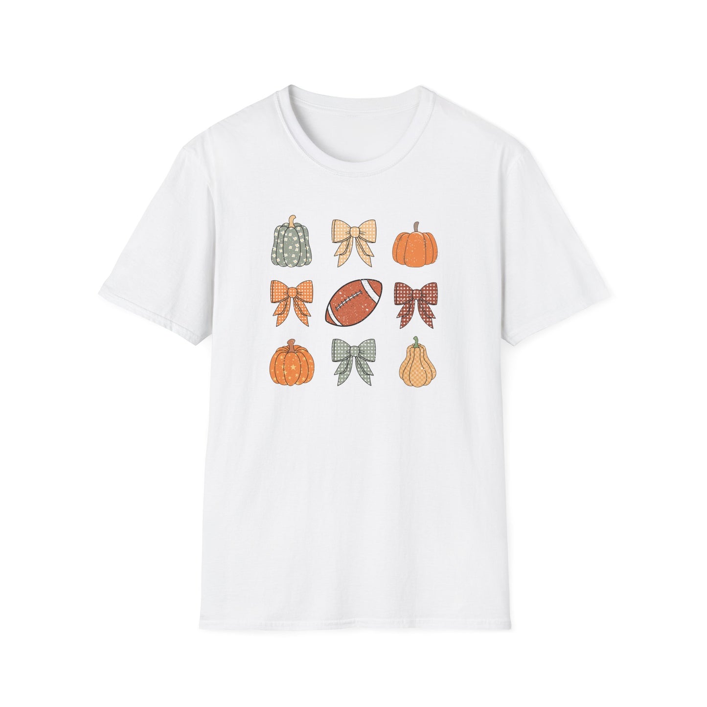 Fall Pumpkins Bow Football Unisex T-Shirt, Autumn Tee, Pumpkin Patch Shirt, Thanksgiving Top, Harvest Festival Apparel, Gif for her