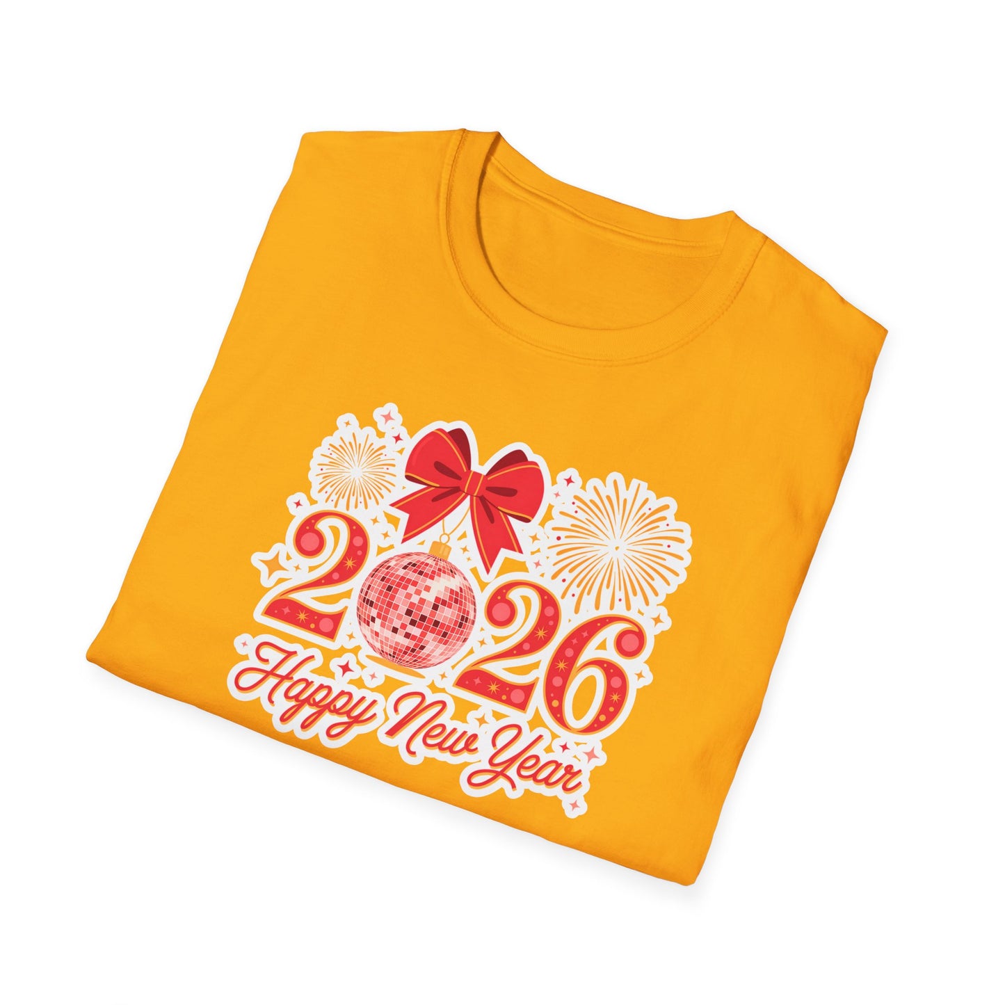 Happy New Year 2026 T-Shirt – Red & Gold Disco Ball New Year Shirt, Festive Bow and Fireworks 2026 NYE Tee, Holiday Celebration Party Top