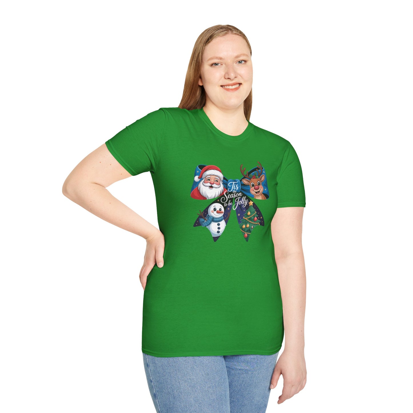 ’Tis the Season to Be Jolly Christmas T-Shirt – Cute Santa Reindeer Snowman & Christmas Tree Bow Holiday Tee