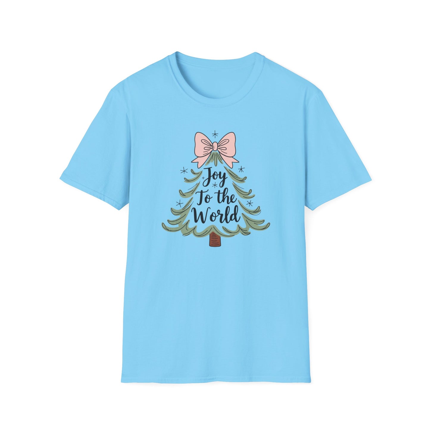 Joy to the World Christmas T-Shirt – Cute Pastel Bow Christmas Tree Tee, Festive Holiday Graphic Shirt for Women