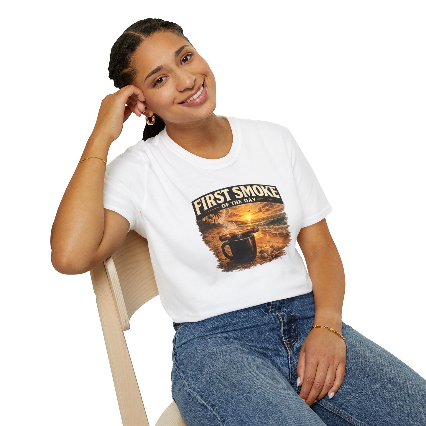 First Smoke of the Day T-Shirt – Cigar & Coffee Beach Sunrise Tee