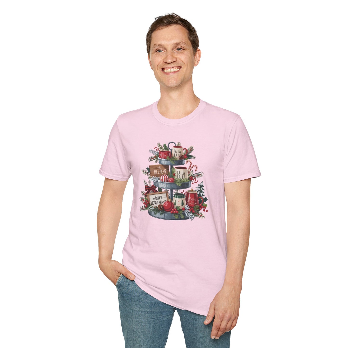 Christmas Mug Stack T-Shirt – Festive Holiday Tiered Tray Shirt with Fa La La Winter Wonderland Graphic Tee
