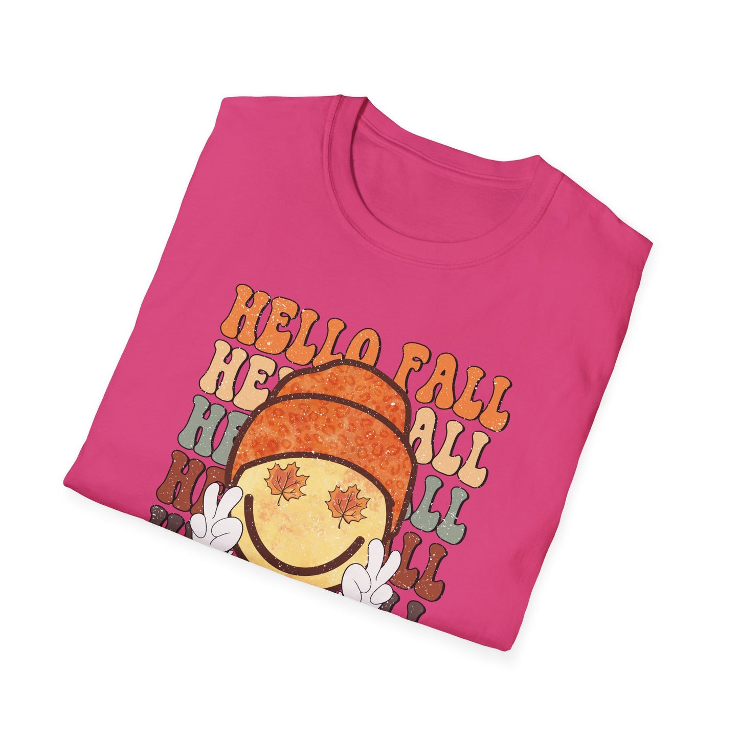 Hello Fall Happy Face Peace T-Shirt, Autumn Graphic Tee, Relaxing Casual Top, Seasonal Clothing, Thanksgiving Tee, Friendsgiving gift