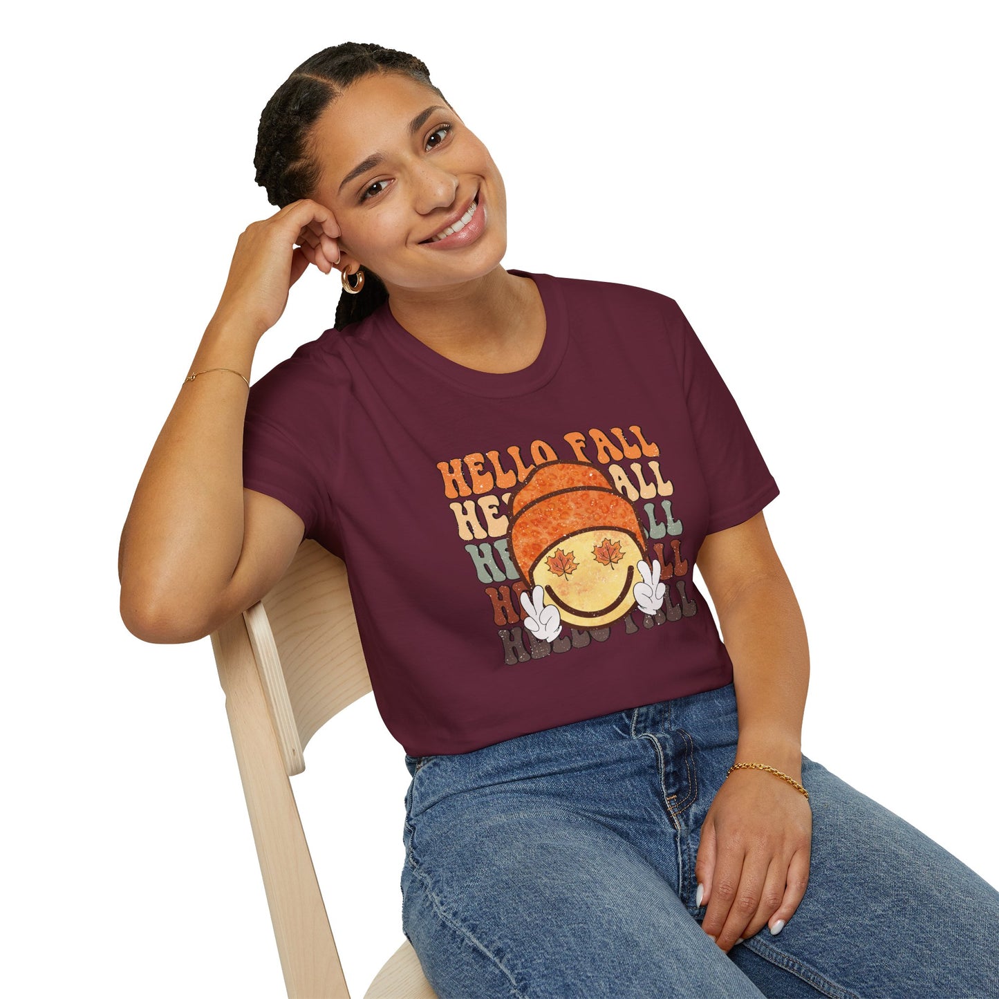 Hello Fall Happy Face Peace T-Shirt, Autumn Graphic Tee, Relaxing Casual Top, Seasonal Clothing, Thanksgiving Tee, Friendsgiving gift