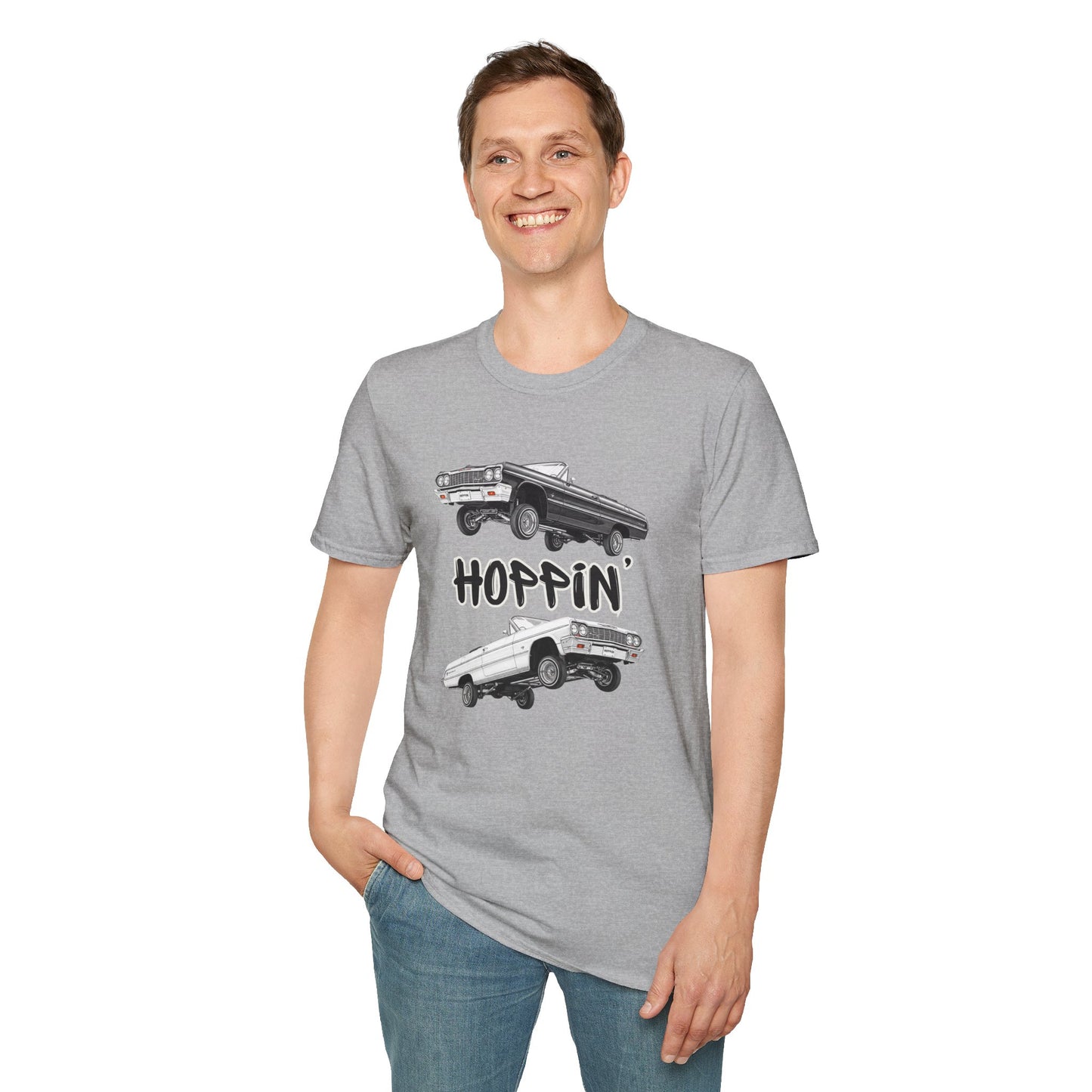 1964 Chevy Impala Hydraulics Lowrider Hoppin' Ink Drawing T-Shirt - Old School Hip Hop Cholo Art Tee Design - Chicano Car Club Graphic Tee