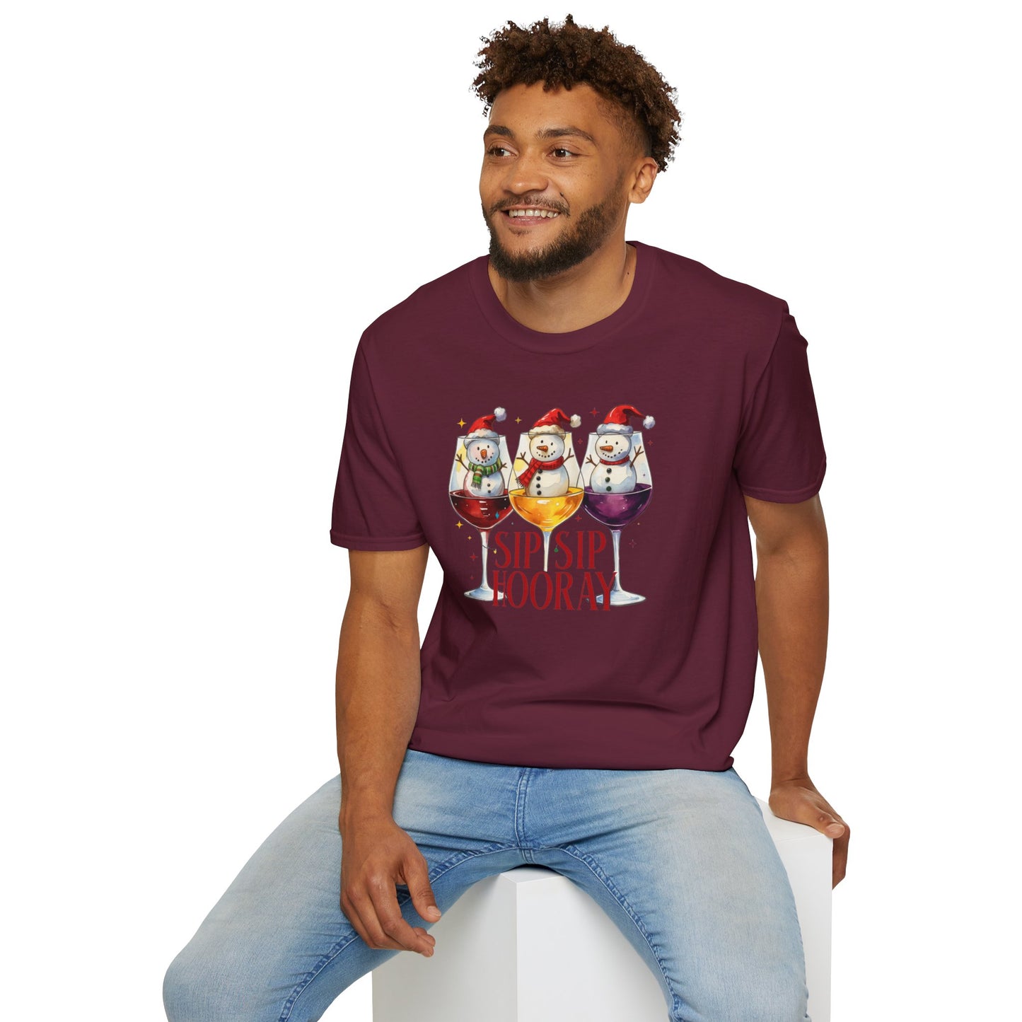 Sip Sip Hooray Christmas T-Shirt – Cute Snowman Wine Glass Holiday Tee, Funny Festive Drinking Shirt
