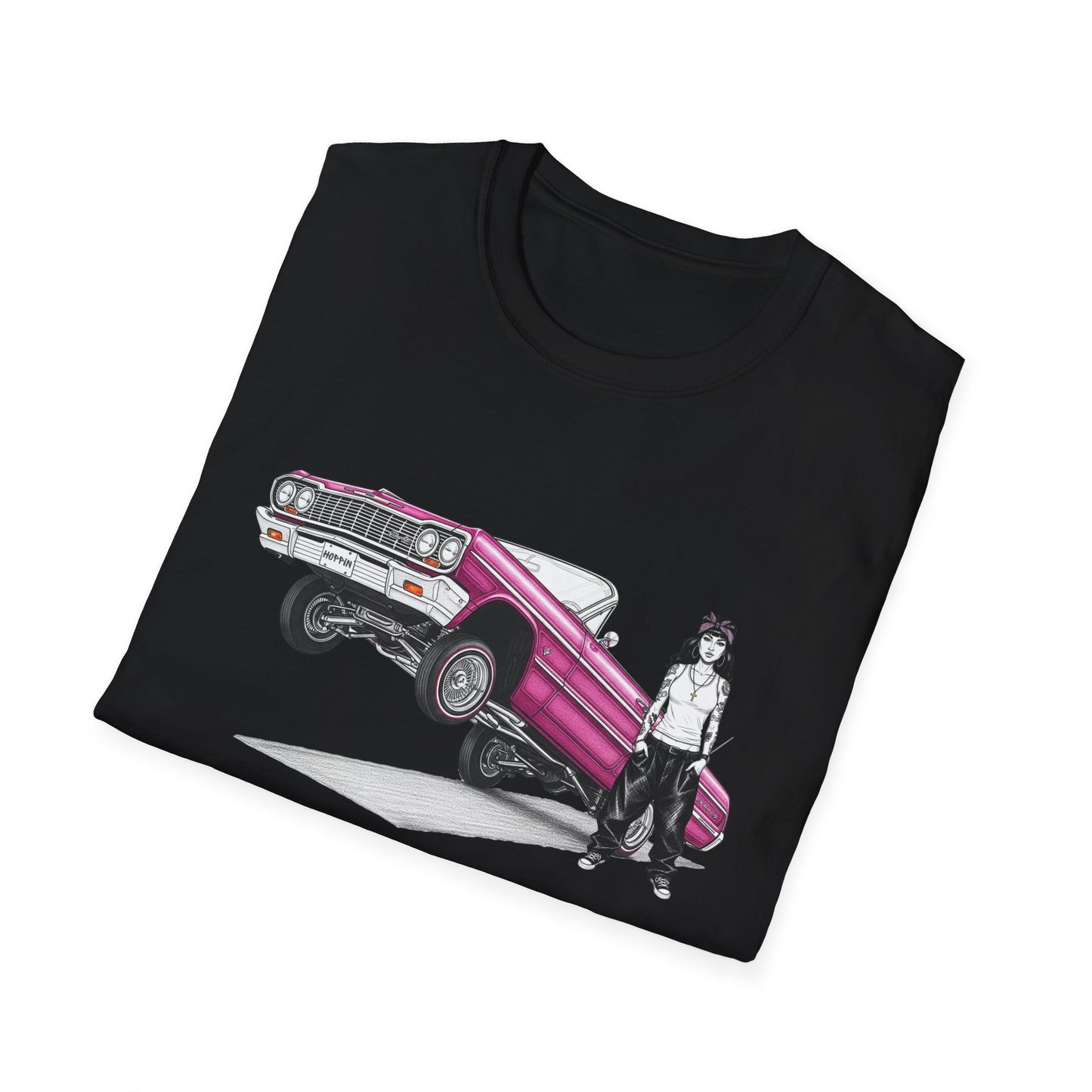 1964 Chevy Impala Hydraulics Lowrider Ink Drawing T-Shirt - Old School Hip Hop Cholo Art Tee Design - Chicano Car Club Graphic Tee