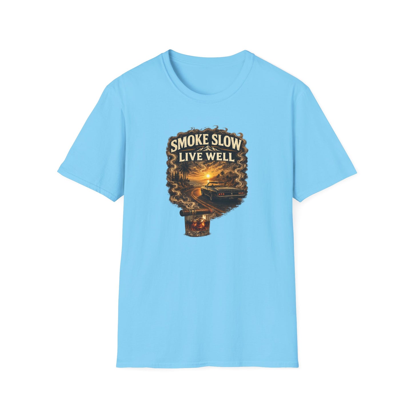 Smoke Slow Live Well Classic Car T-Shirt – Cigar, Whiskey & Sunset Cruise Tee  ⭐ Product Description