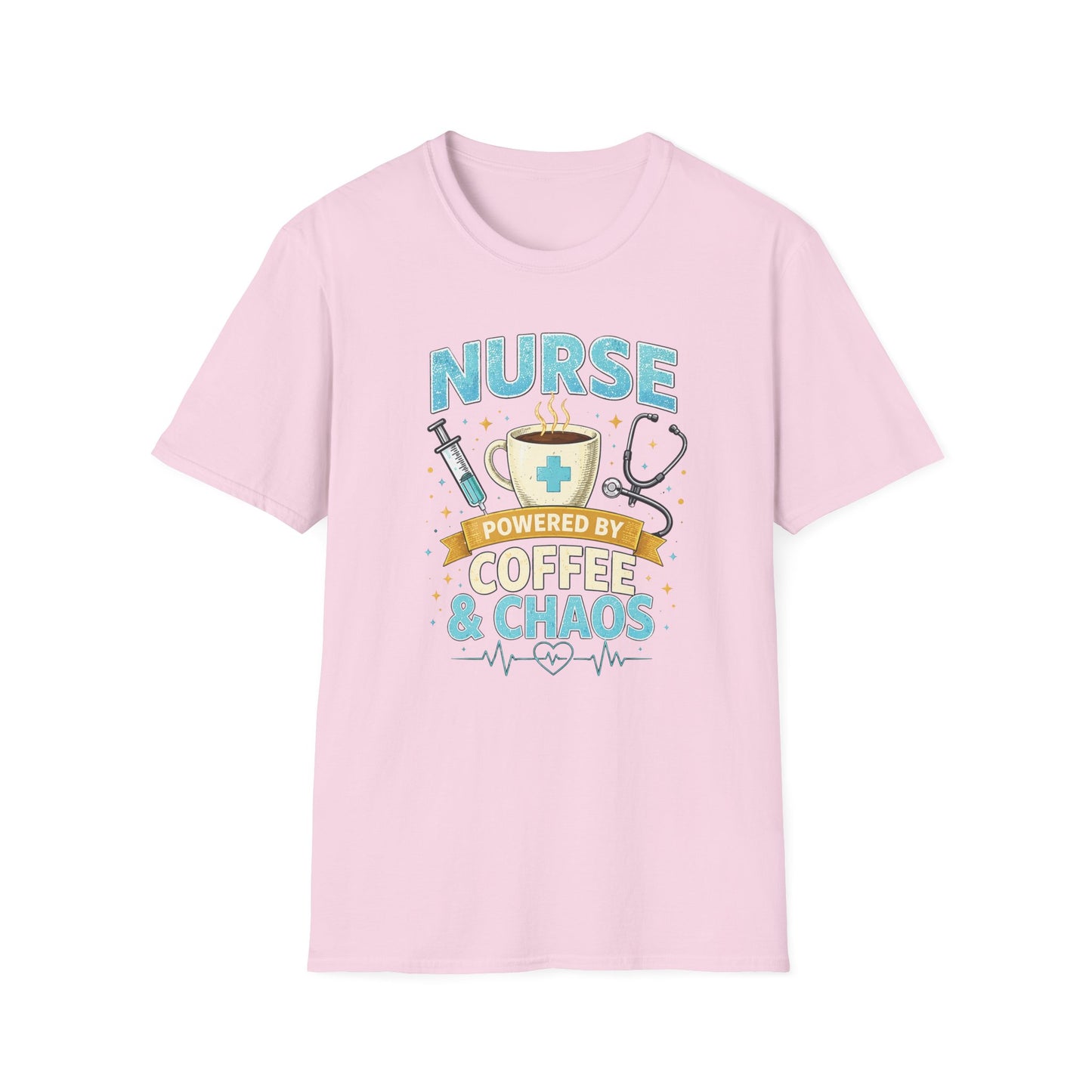 Nurse Powered by Coffee & Chaos Shirt, Funny Nurse Tee, RN CNA Gift, Nurse Life Graphic T-Shirt, Medical Worker Gift, Cute Nursing Shirt for Women Men