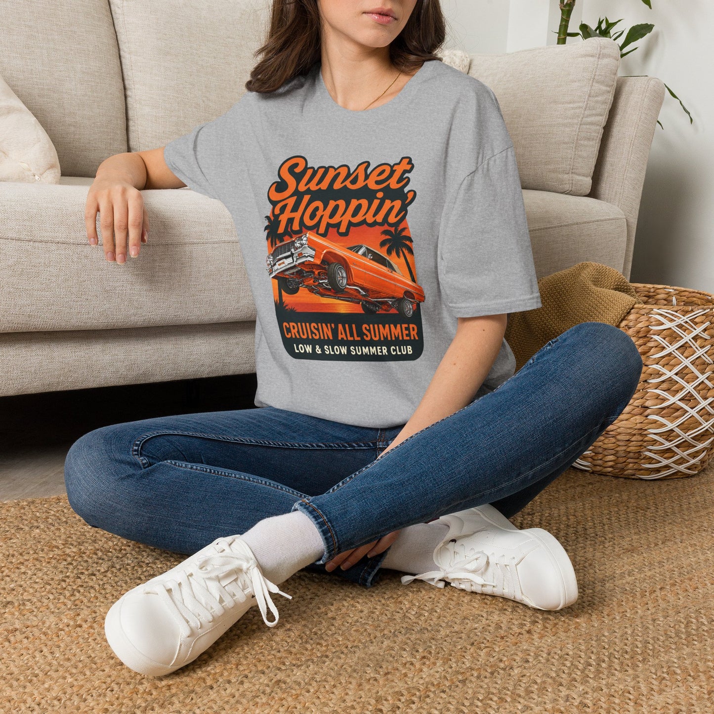 Lowrider Summer Shirt, Sunset Hoppin Tee, Cruisin All Summer Graphic Shirt, Low and Slow Car Tee, Unisex Car Lover Gift