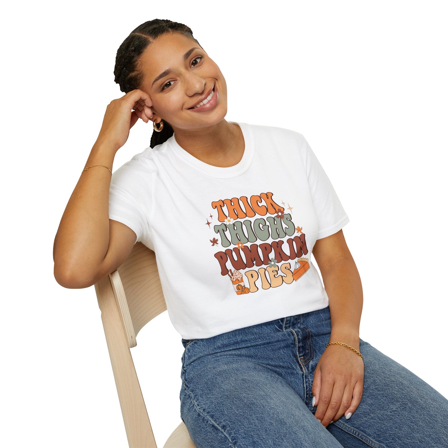 Thick Thighs Pumpkin Pie Fall T-Shirt - Cute Women's Autumn Tee, Thanksgiving Shirt, Pumpkin Thanksgiving Tee, Cozy Fall Tee, Friendsgiving