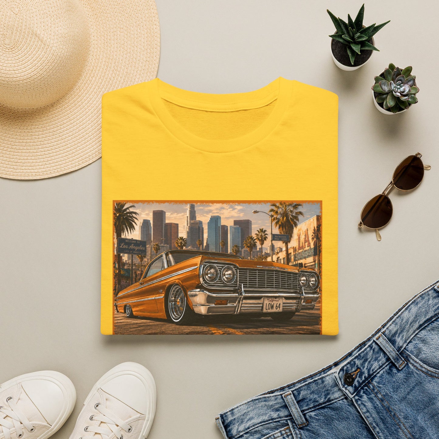 Los Angeles Lowrider T-Shirt, Orange Classic Car Graphic Tee, 1964 Style Car Shirt for Car Lovers