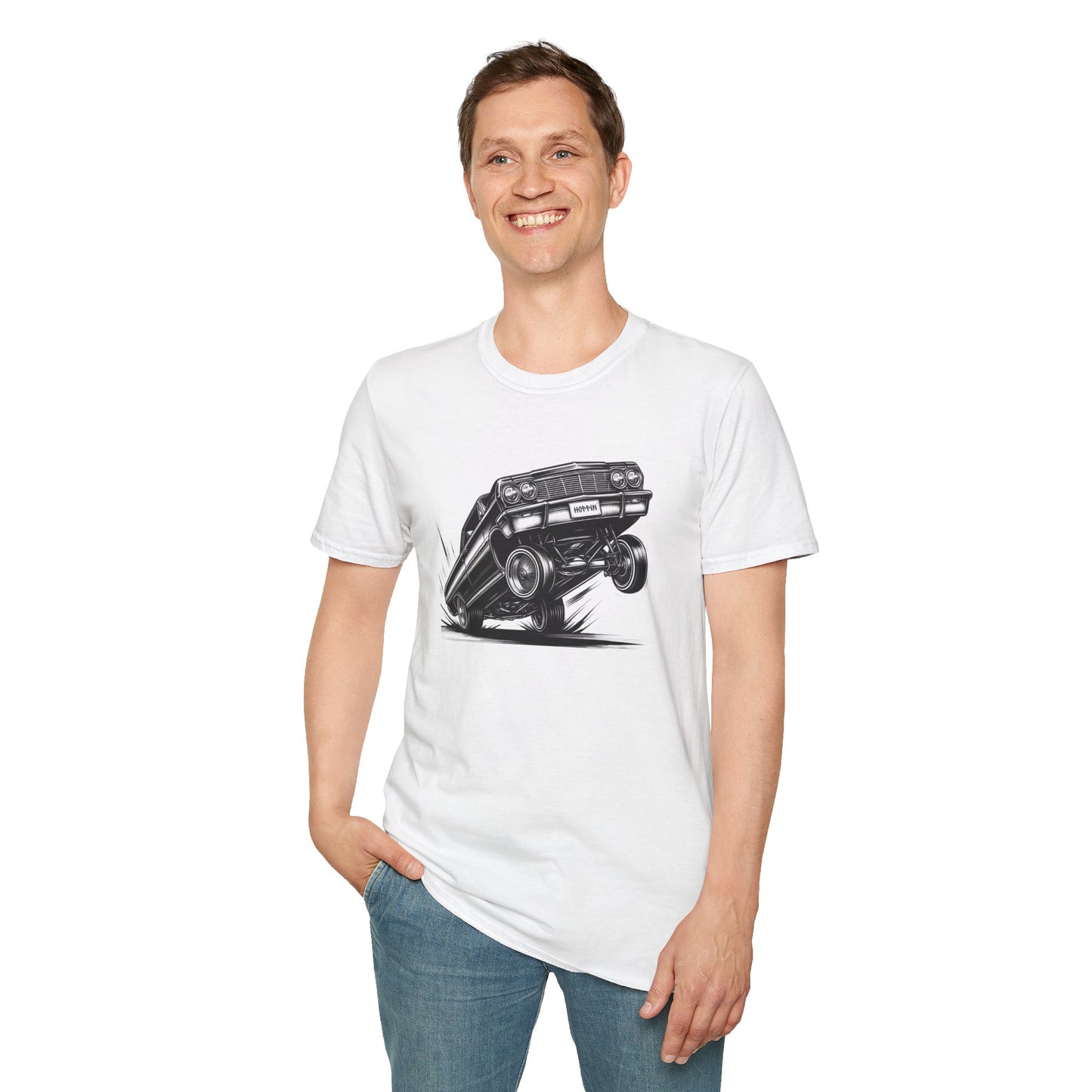 1964 Chevy Impala Hydraulics Lowrider Ink Drawing T-Shirt - Chicano Car Club Graphic Tee - Old School Hip Hop Cholo Art Tee Design