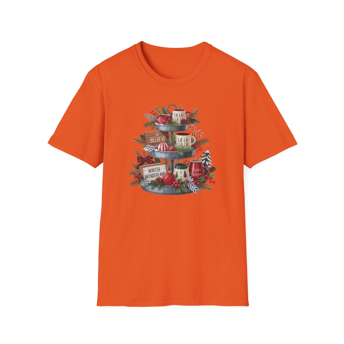 Christmas Mug Stack T-Shirt – Festive Holiday Tiered Tray Shirt with Fa La La Winter Wonderland Graphic Tee