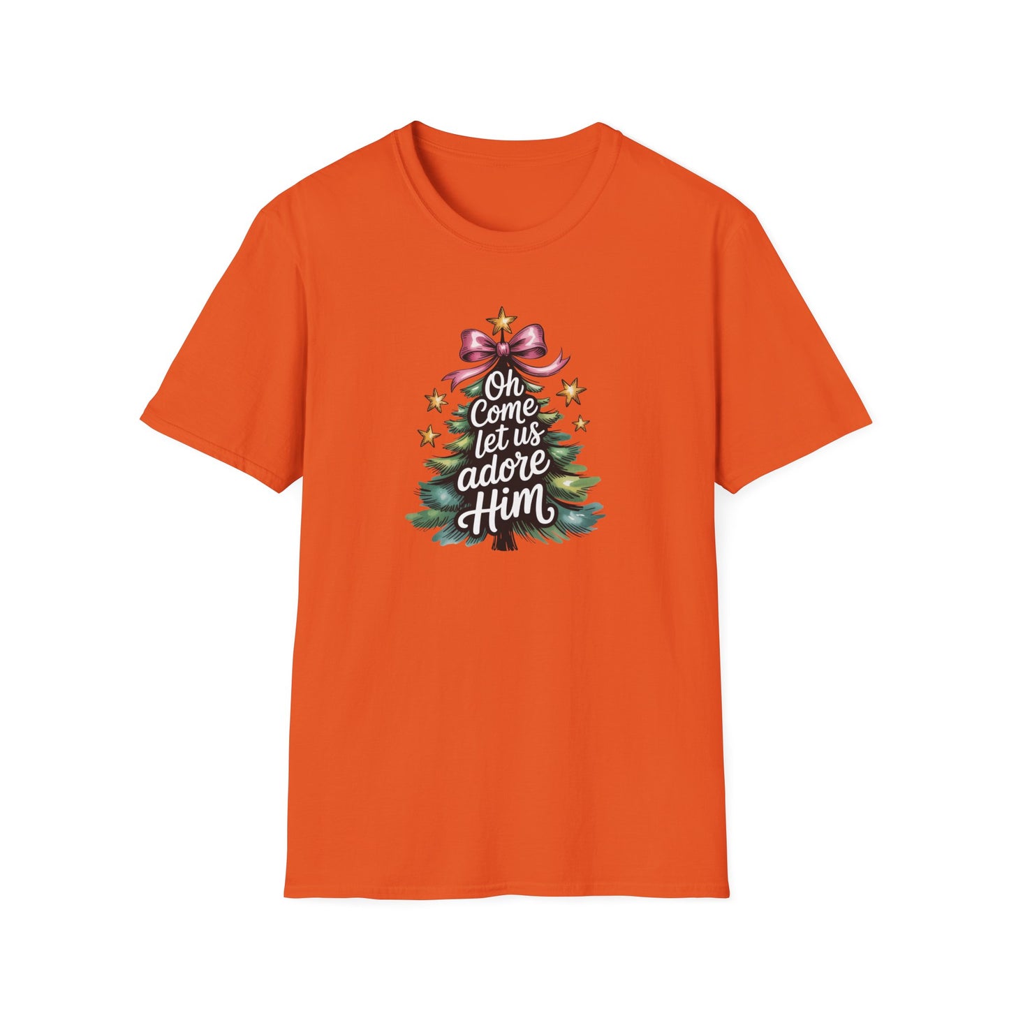 Oh Come Let Us Adore Him Christmas T-Shirt – Christian Holiday Tee with Bow and Christmas Tree Design