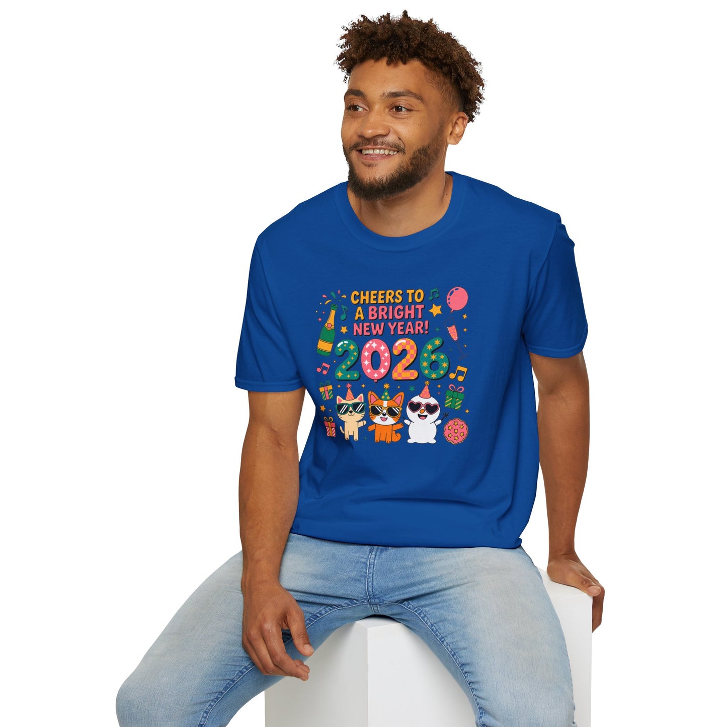Happy New Year 2026 T-Shirt – Cute Cartoon Cats New Year Shirt, Bright Colorful NYE Party Tee, Fun 2026 Celebration Top for Cat Lovers