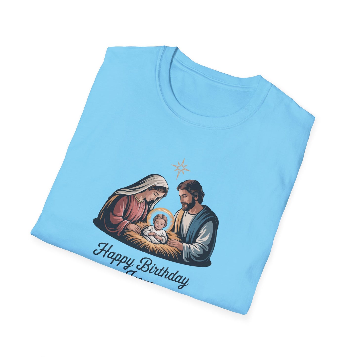 Happy Birthday Jesus Nativity T-Shirt – Christian Christmas Shirt with Mary Joseph & Baby Jesus, Faith Holiday Tee