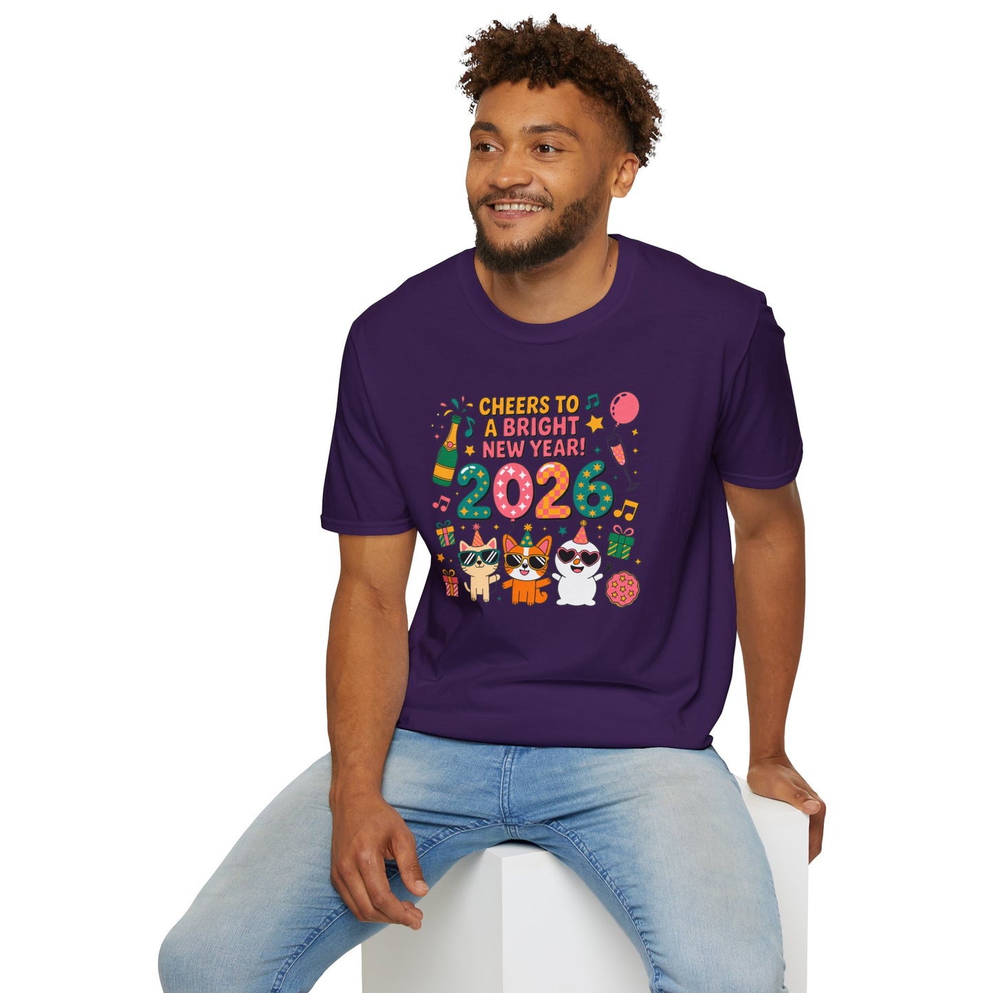 Happy New Year 2026 T-Shirt – Cute Cartoon Cats New Year Shirt, Bright Colorful NYE Party Tee, Fun 2026 Celebration Top for Cat Lovers