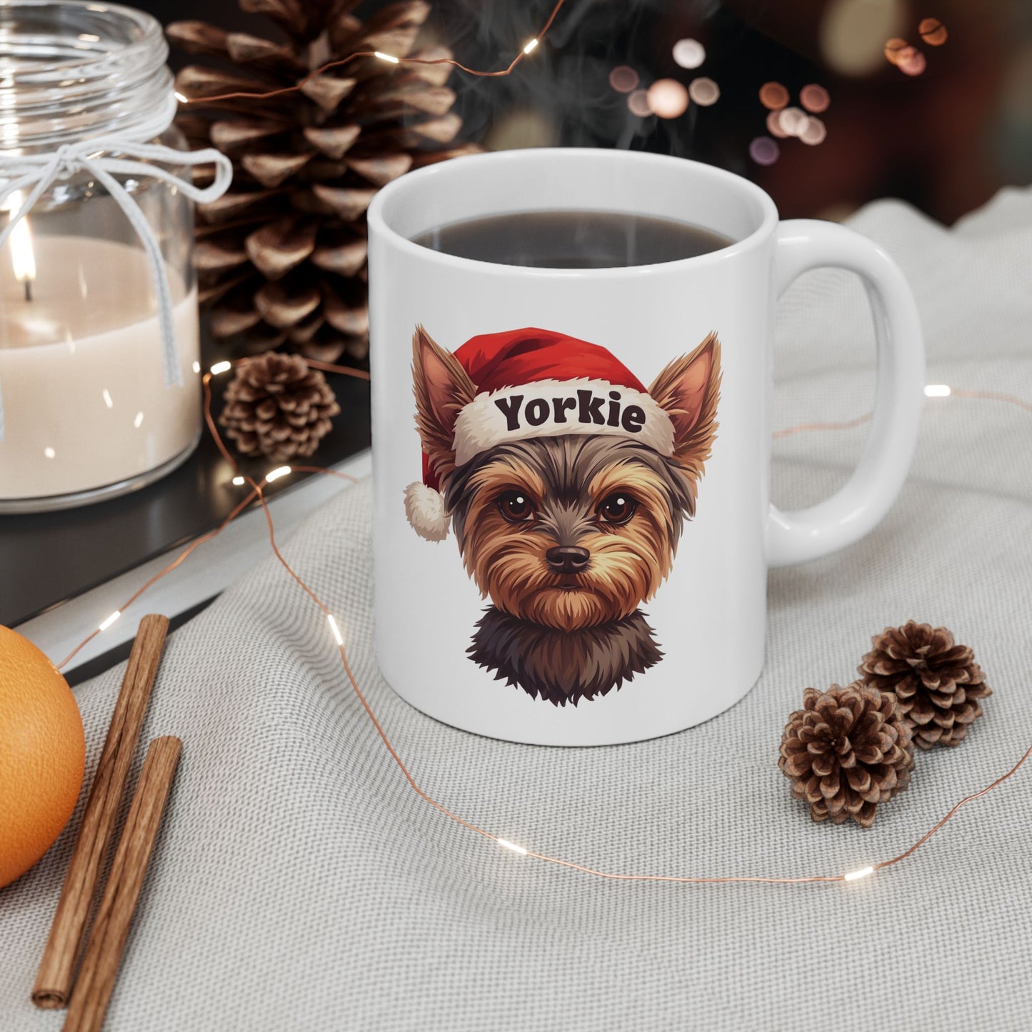 Yorkie Holiday Portrait Mug – Cute Holiday Coffee Cup, Festive Yorkie Ceramic Mug, Christmas Gift Idea (11oz/15oz)