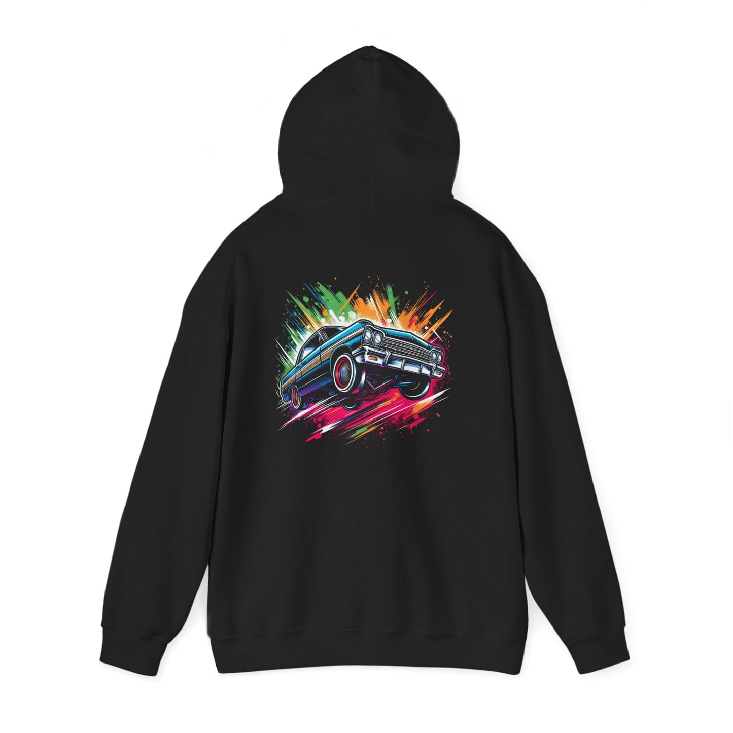 Chevy Impala Hydraulics Lowrider Colorful Drawing Graphic Hoodie - Old School Hip Hop Cholo Art Design - Chicano Car Club Graphic Hoodie